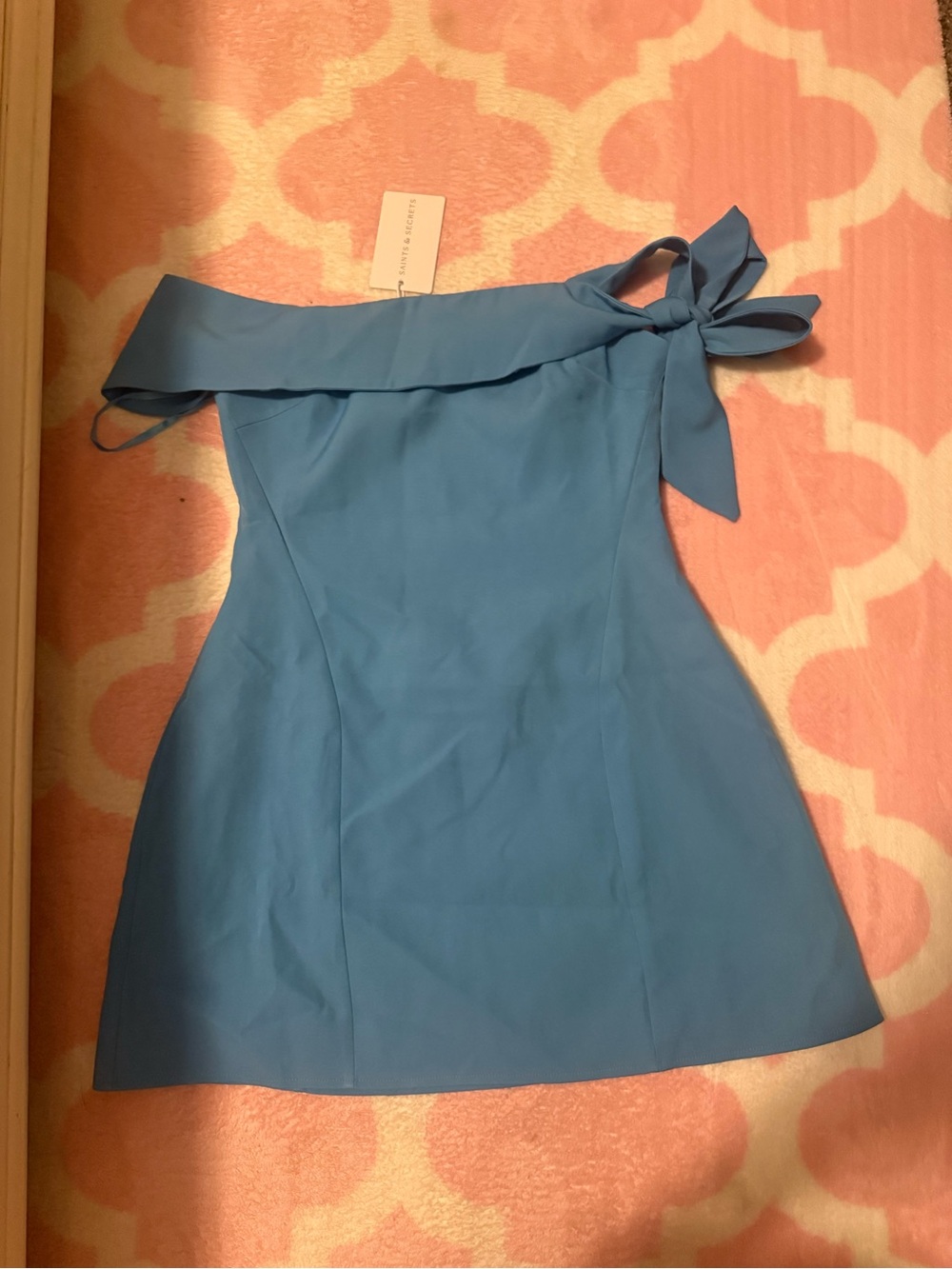 Hello Molly One-Shoulder Mini Dress in Sky Blue with Shoulder Tie